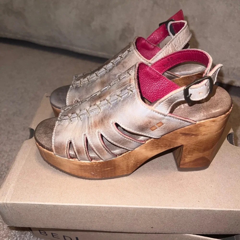 Bed Stu Women M 6 Leather Platform Sandals Clogs - Picture 3 of 9
